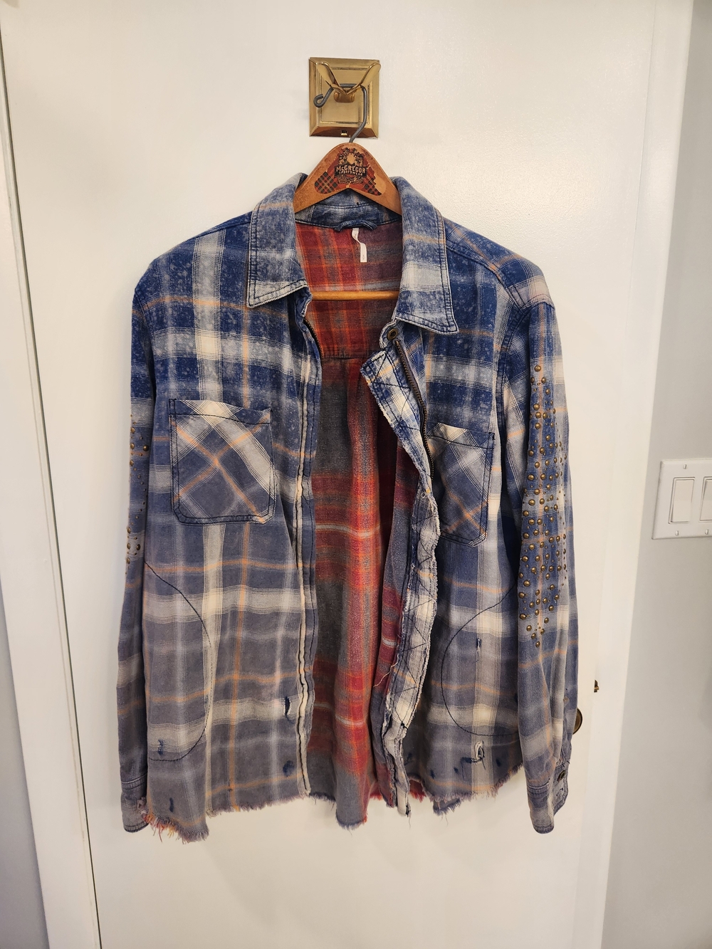 Free People Blue Plaid Studded Shacket Zip Up